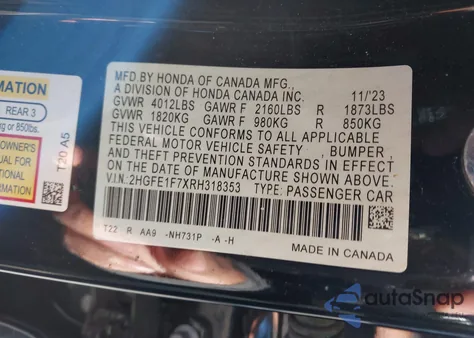 2024 Honda Civic Ex z USA, uszkodzony, nr VIN 2HGFE1F7XRH318353